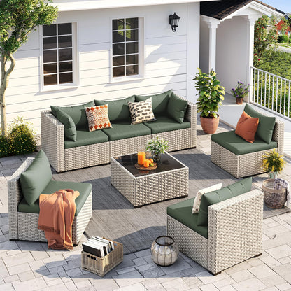UDPATIO Outdoor Patio Furniture Set, 7-Piece PE Wicker Sectional Sofa with Tea Table, Outdoor Conversation Set for Patio, Garden, Backyard Green - CookCave