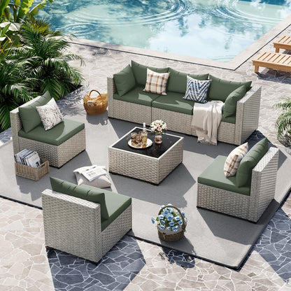 UDPATIO Outdoor Patio Furniture Set, 7-Piece PE Wicker Sectional Sofa with Tea Table, Outdoor Conversation Set for Patio, Garden, Backyard Green - CookCave