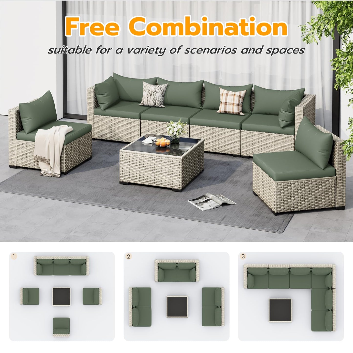 UDPATIO Outdoor Patio Furniture Set, 7-Piece PE Wicker Sectional Sofa with Tea Table, Outdoor Conversation Set for Patio, Garden, Backyard Green - CookCave