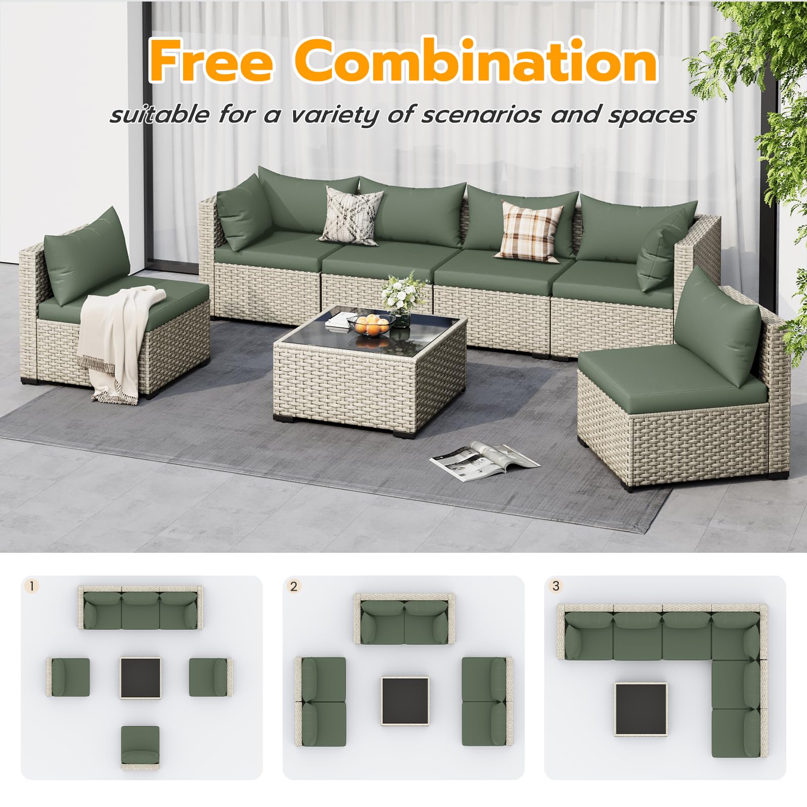 UDPATIO Outdoor Patio Furniture Set, 7-Piece PE Wicker Sectional Sofa with Tea Table, Outdoor Conversation Set for Patio, Garden, Backyard Green - CookCave