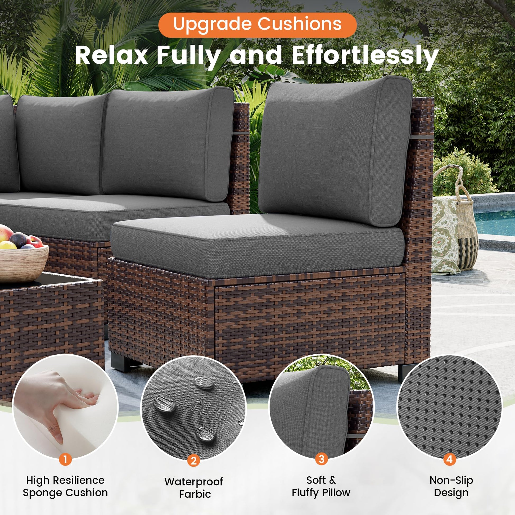 UDPATIO Patio Furniture Set, 8 Inch Armrest Outdoor Sectional Sofa, 6 Piece Wicker Outdoor Furniture Conversation Sets with Waterproof Cover and Coffee Table for Backyard Deck(Brown/Dark Grey) - CookCave