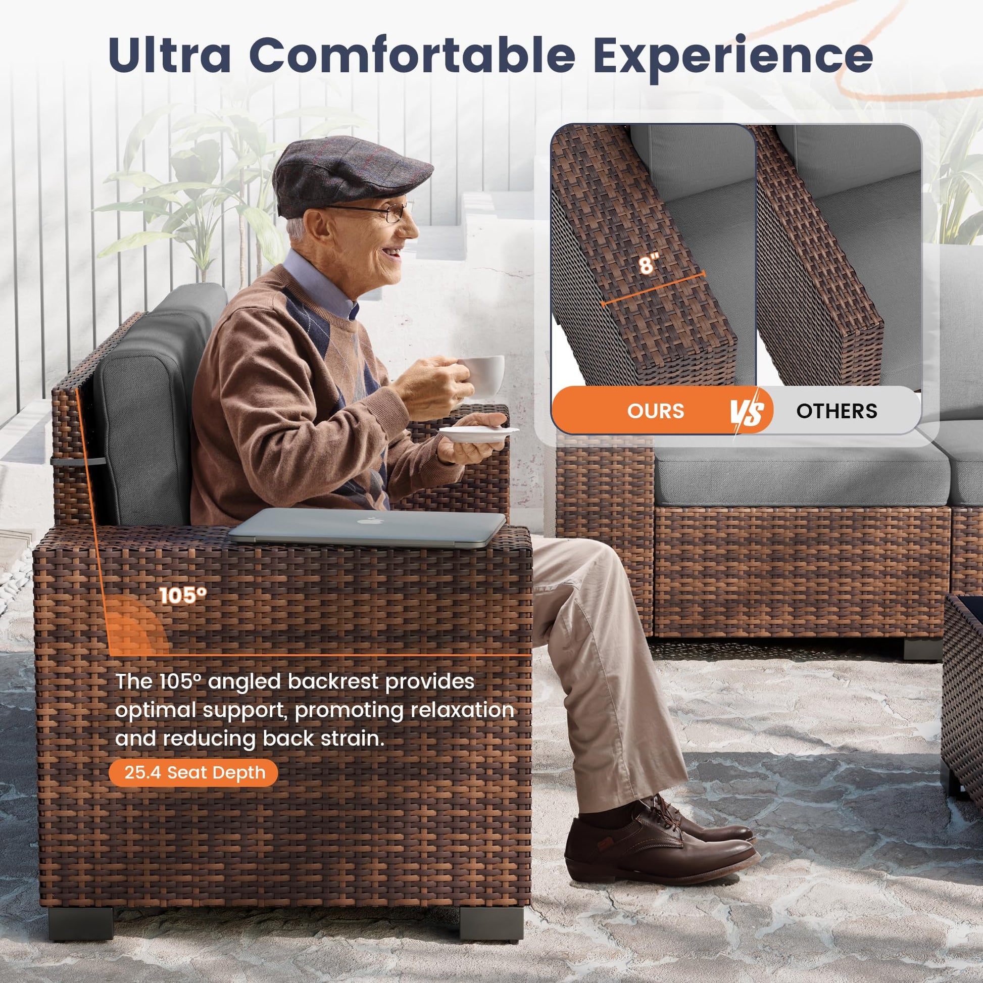 UDPATIO Patio Furniture Set, 8 Inch Armrest Outdoor Sectional Sofa, 6 Piece Wicker Outdoor Furniture Conversation Sets with Waterproof Cover and Coffee Table for Backyard Deck(Brown/Dark Grey) - CookCave