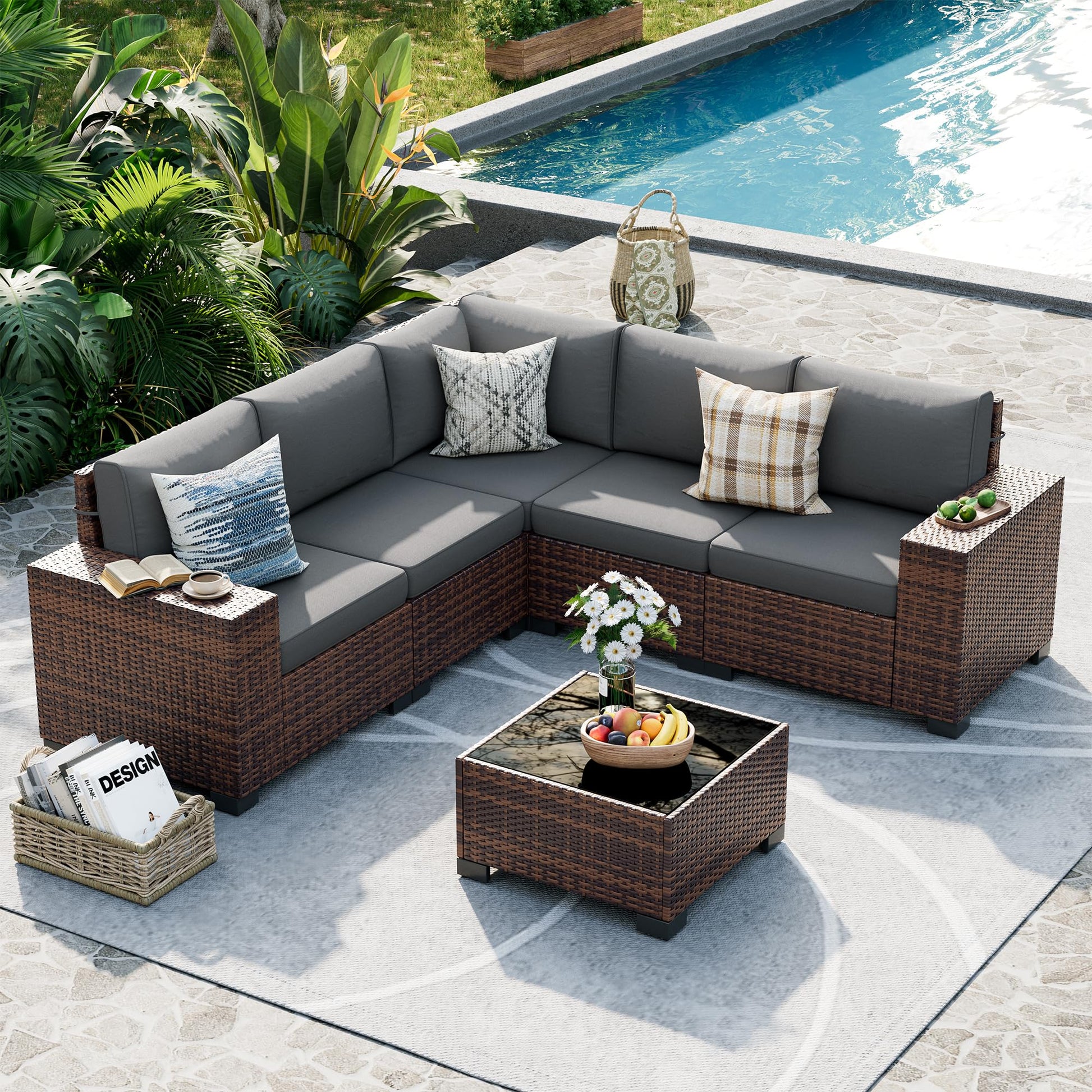 UDPATIO Patio Furniture Set, 8 Inch Armrest Outdoor Sectional Sofa, 6 Piece Wicker Outdoor Furniture Conversation Sets with Waterproof Cover and Coffee Table for Backyard Deck(Brown/Dark Grey) - CookCave