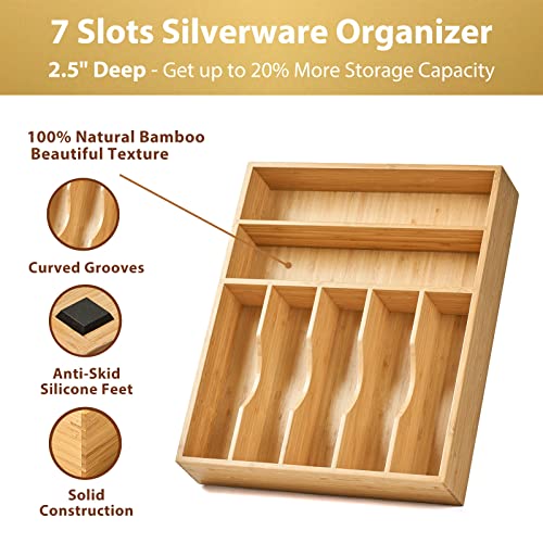 Umilife Bamboo Kitchen Drawer Organizer, 13 Inch Silverware Utensil Tray Holder, Extra Deep Grooved Drawer Divider, 7 Slots Total Bamboo Wood Caddy for Flatware Cutlery Knives, Forks, Spoons - CookCave