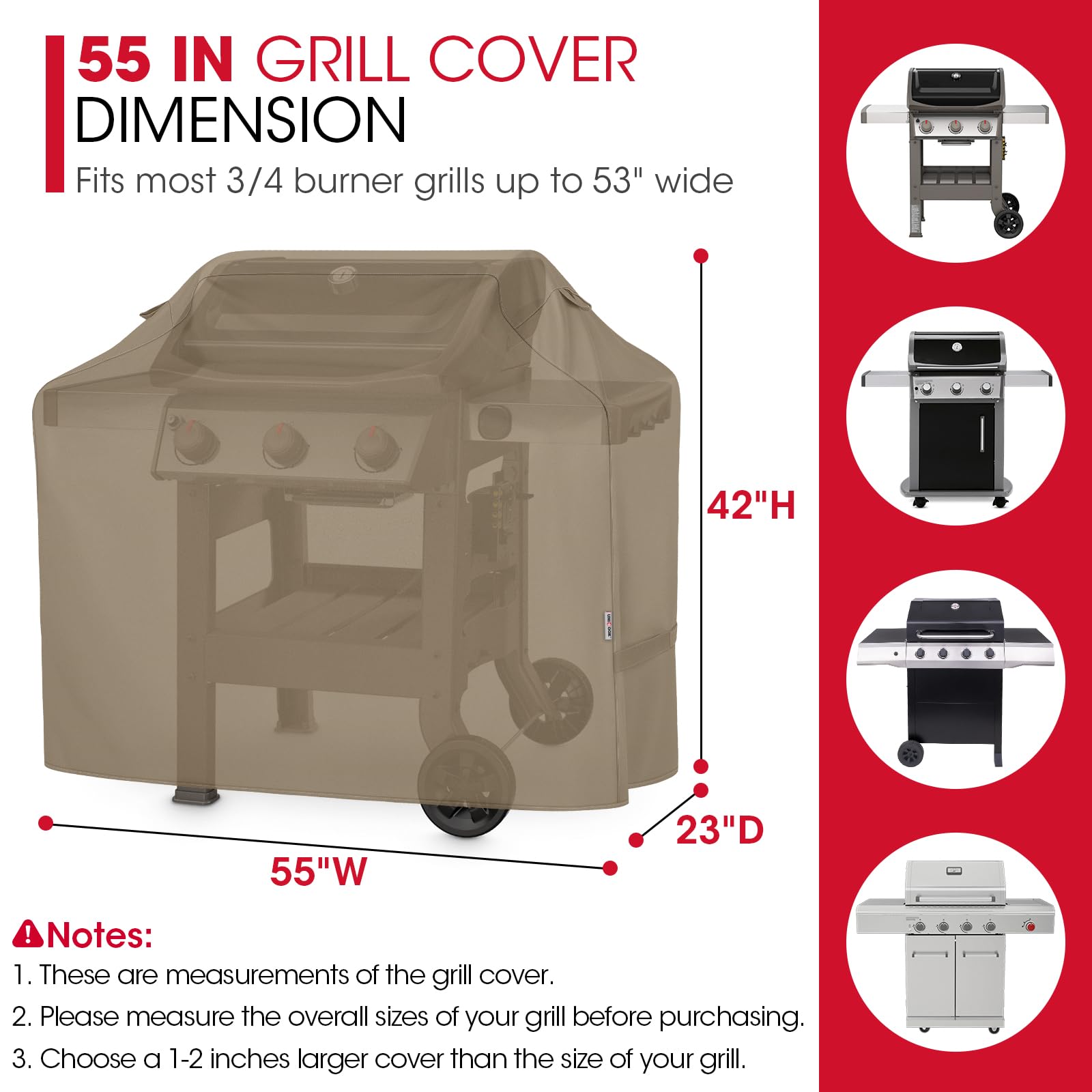 Unicook 55 Inch Grill Cover for Outdoor Grill, Heavy Duty Waterproof Gas BBQ Cover with Sealed Seam, Rip and Fade Resistant Barbecue Covering for Weber Nexgrill Charbroil, Neutral Taupe - CookCave