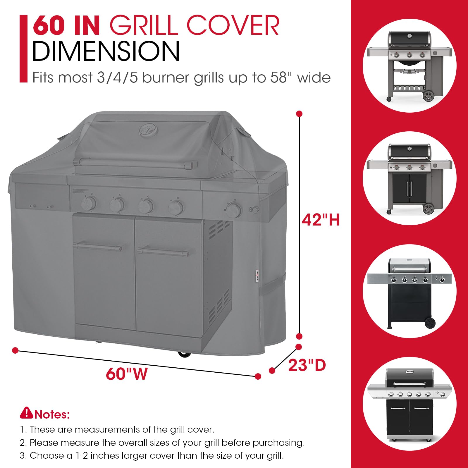 Unicook Gas Grill Cover for Outdoor Grill, 60 Inch BBQ Cover, Heavy Duty Waterproof, Fade Resistant Barbecue Protector Compatible with Weber Char-Broil Nexgrill BBQs up to 58" Wide, Gray - CookCave