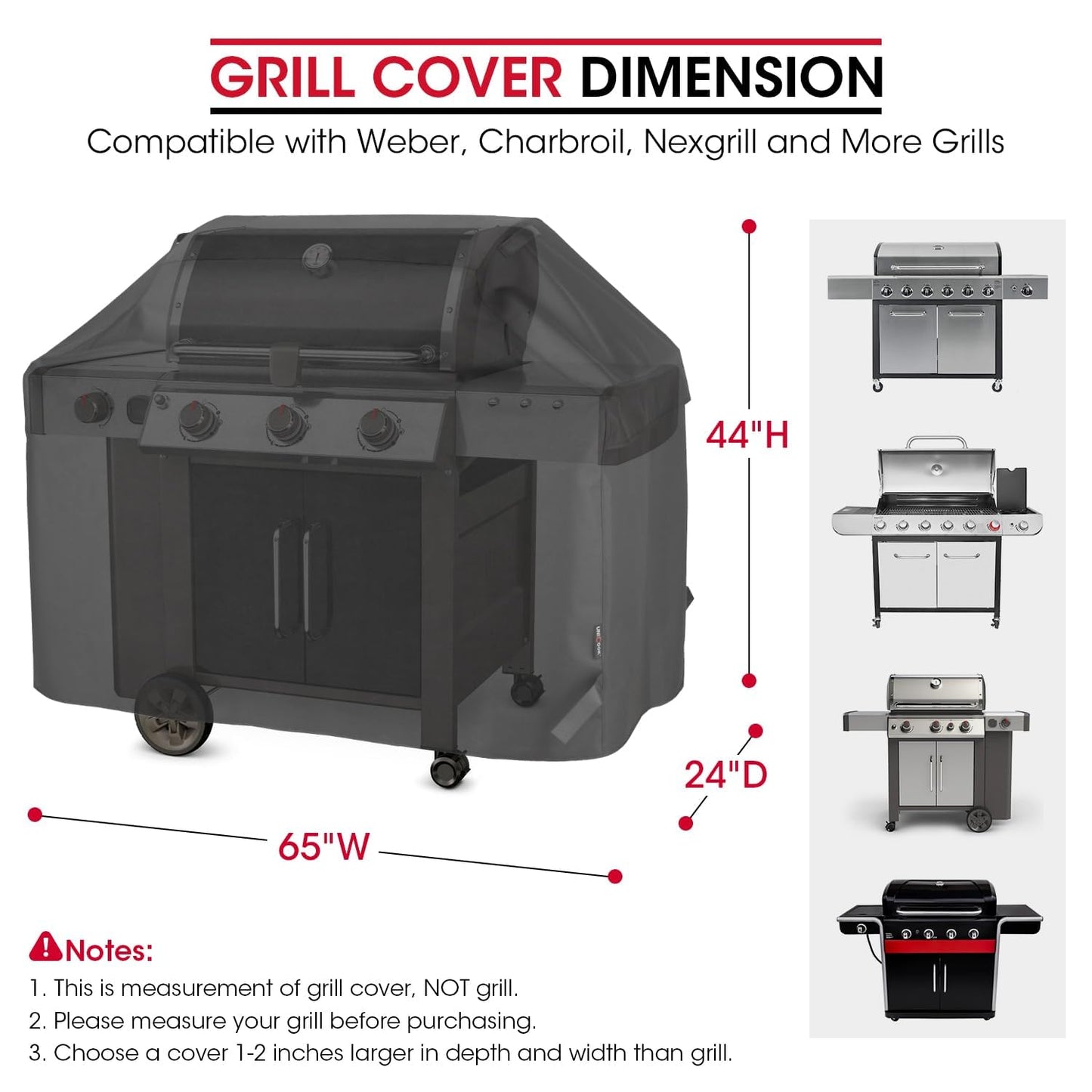 Unicook Heavy Duty Waterproof Barbecue Gas Grill Cover, 65-inch BBQ Cover, Special Fade and UV Resistant Material, Durable and Convenient, Fits Grills of Weber Char-Broil Nexgrill Brinkmann and More - CookCave