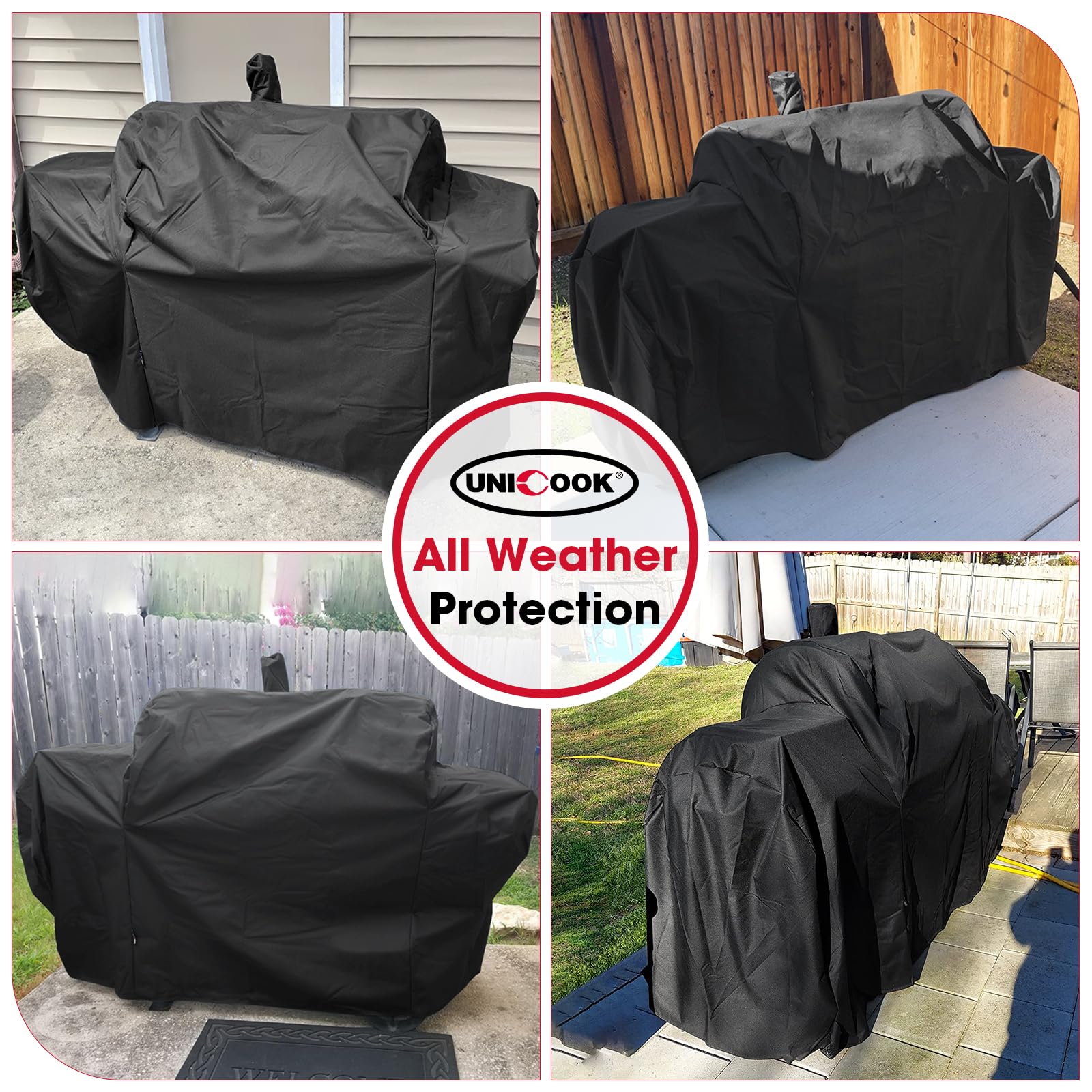 Unicook Heavy Duty Waterproof Offset Smoker Cover, Compatible with Oklahoma Joe's Longhorn Combo Grill, Outdoor Fade Resistant Charcoal/Smoker/Gas Combo BBQ Grill Cover, Black - CookCave