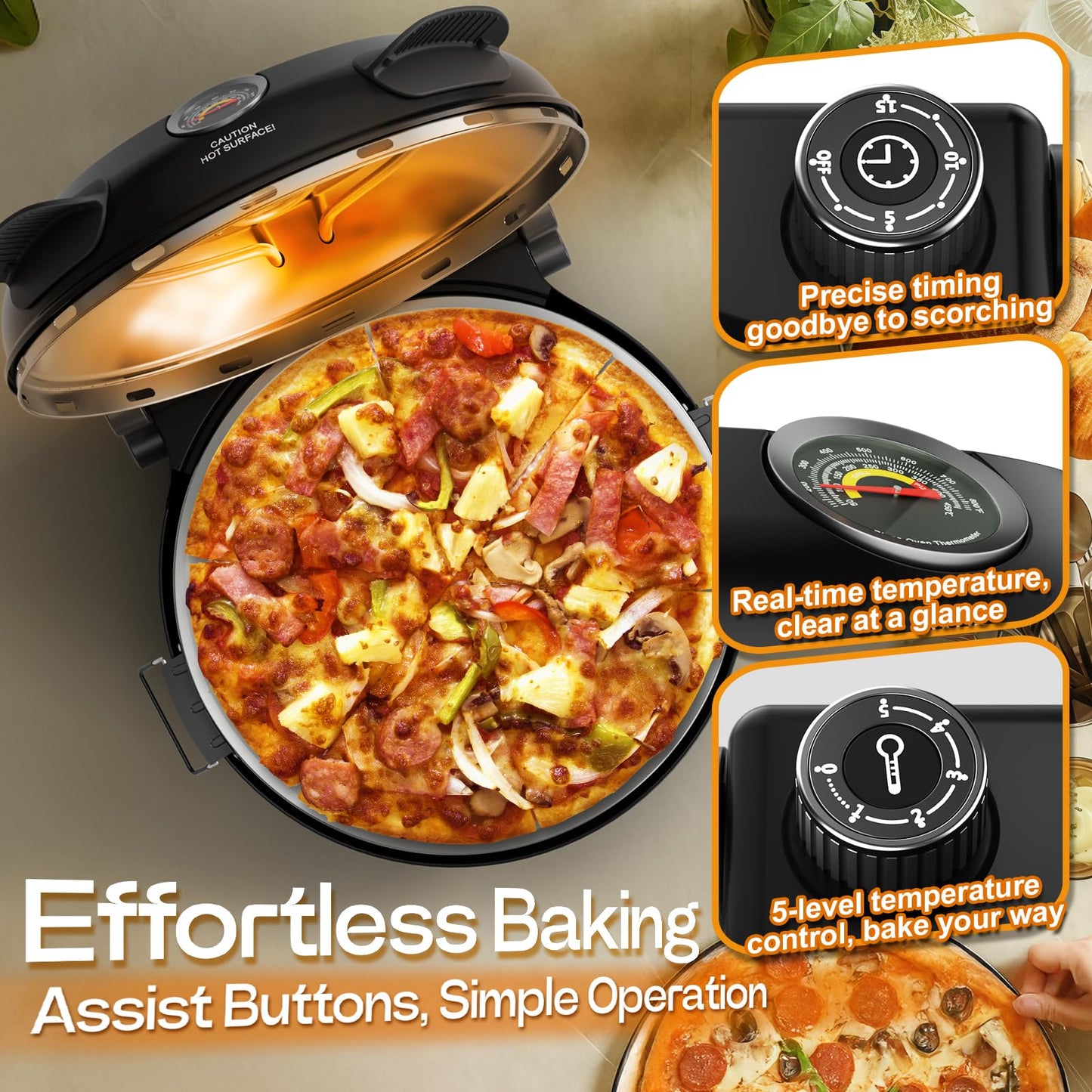 Upgrade Pizza Oven, Indoor Pizza Ovens Heats Up to 800˚F, 1200W Electric Pizza Oven, 12 Inch Pizza Maker with Viewing Window, Temperatures Control and Timer for Indoor and Outdoor Use - CookCave