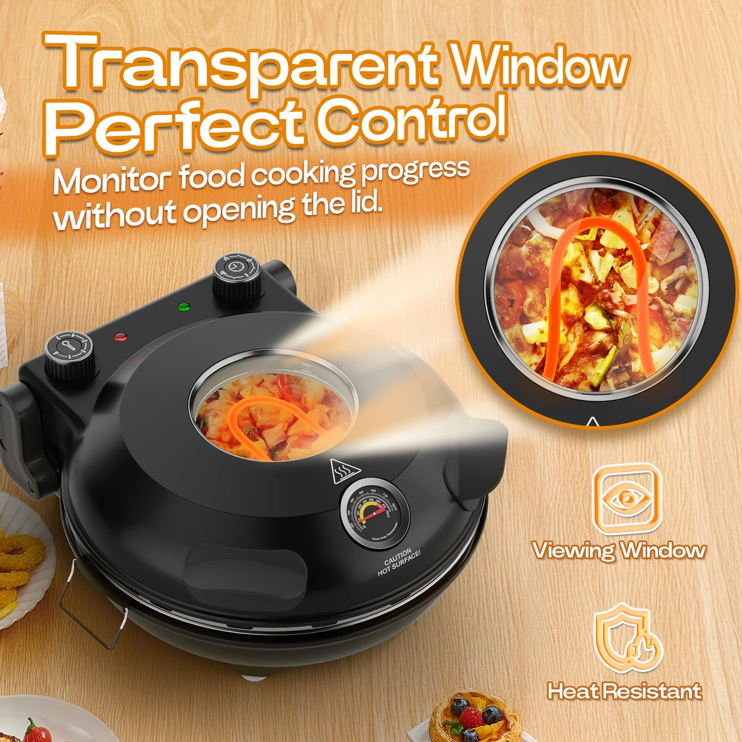 Upgrade Pizza Oven, Indoor Pizza Ovens Heats Up to 800˚F, 1200W Electric Pizza Oven, 12 Inch Pizza Maker with Viewing Window, Temperatures Control and Timer for Indoor and Outdoor Use - CookCave