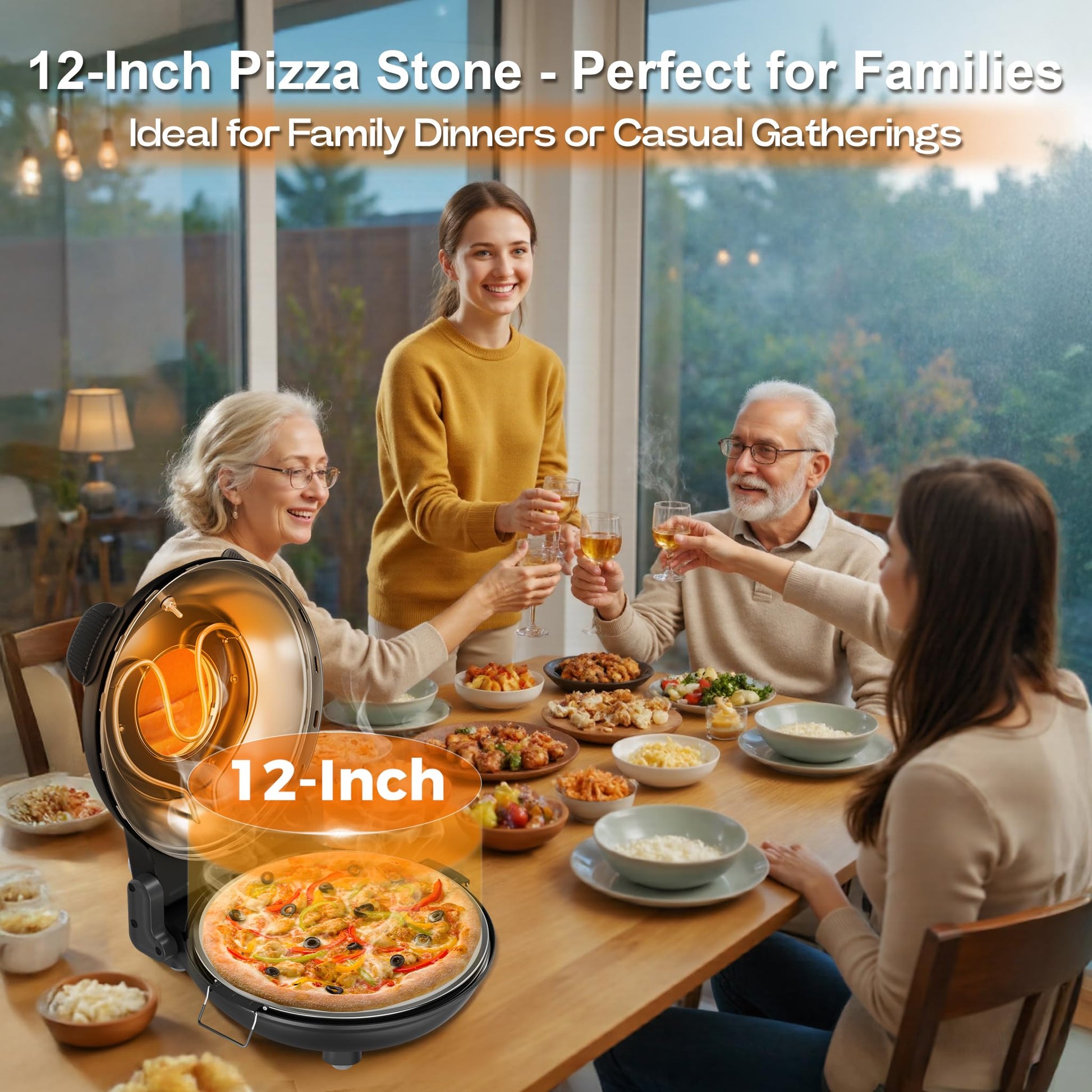 Upgrade Pizza Oven, Indoor Pizza Ovens Heats Up to 800˚F, 1200W Electric Pizza Oven, 12 Inch Pizza Maker with Viewing Window, Temperatures Control and Timer for Indoor and Outdoor Use - CookCave