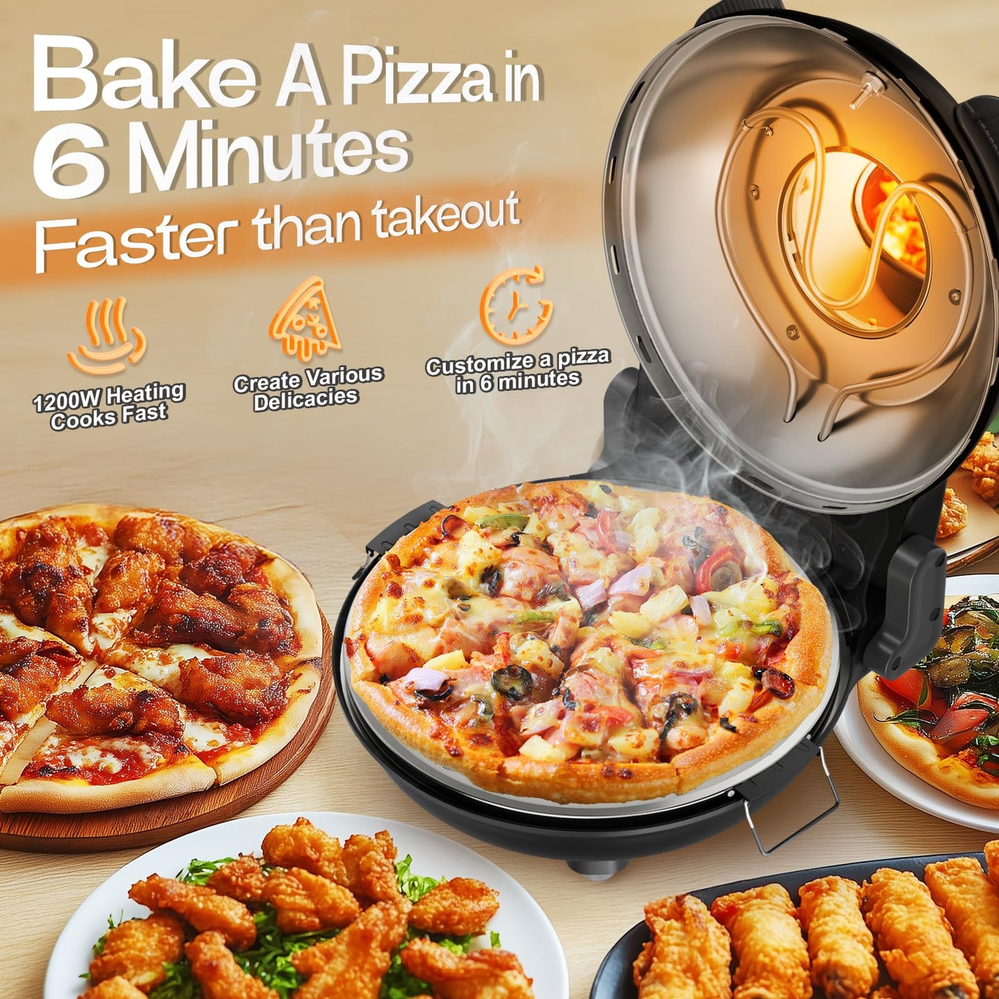 Upgrade Pizza Oven, Indoor Pizza Ovens Heats Up to 800˚F, 1200W Electric Pizza Oven, 12 Inch Pizza Maker with Viewing Window, Temperatures Control and Timer for Indoor and Outdoor Use - CookCave