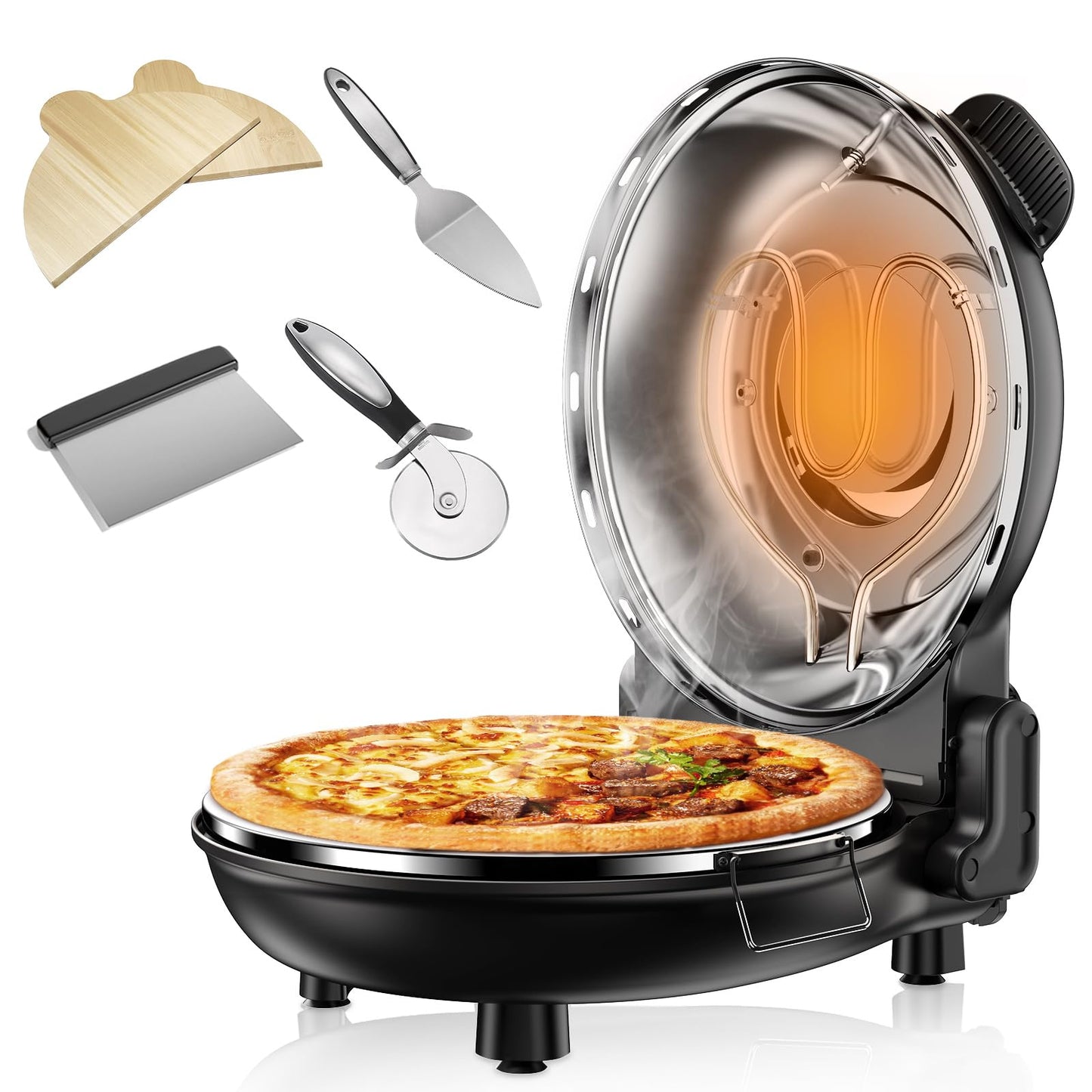 Upgrade Pizza Oven, Indoor Pizza Ovens Heats Up to 800˚F, 1200W Electric Pizza Oven, 12 Inch Pizza Maker with Viewing Window, Temperatures Control and Timer for Indoor and Outdoor Use - CookCave