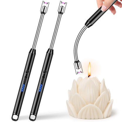 Upgraded 2 Pack Electric Candle Lighter Windproof with 360° Flexible Neck & Safety Lock, USB Rechargeable Flameless Arc Long Lighters for Grill, BBQ, Camping, Fireplace, Stove - CookCave