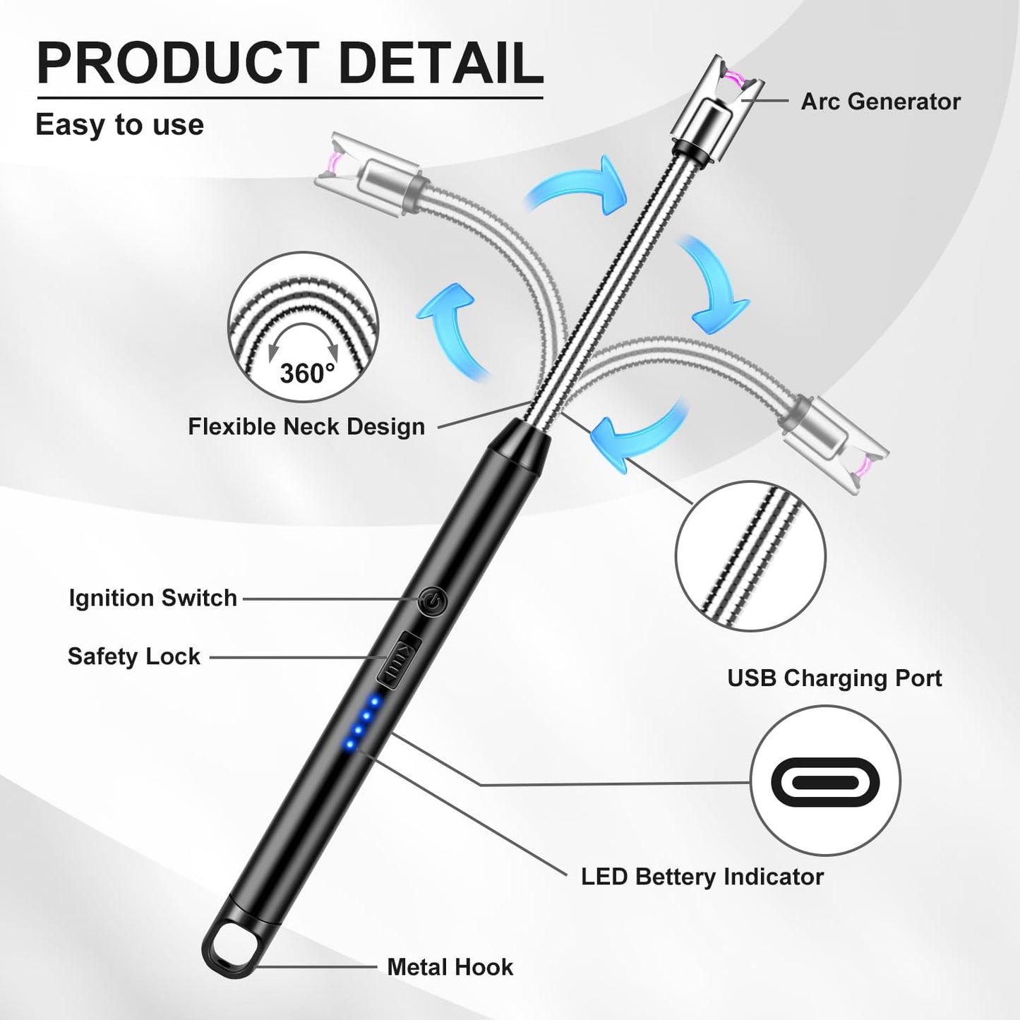 Upgraded 2 Pack Electric Candle Lighter Windproof with 360° Flexible Neck & Safety Lock, USB Rechargeable Flameless Arc Long Lighters for Grill, BBQ, Camping, Fireplace, Stove - CookCave