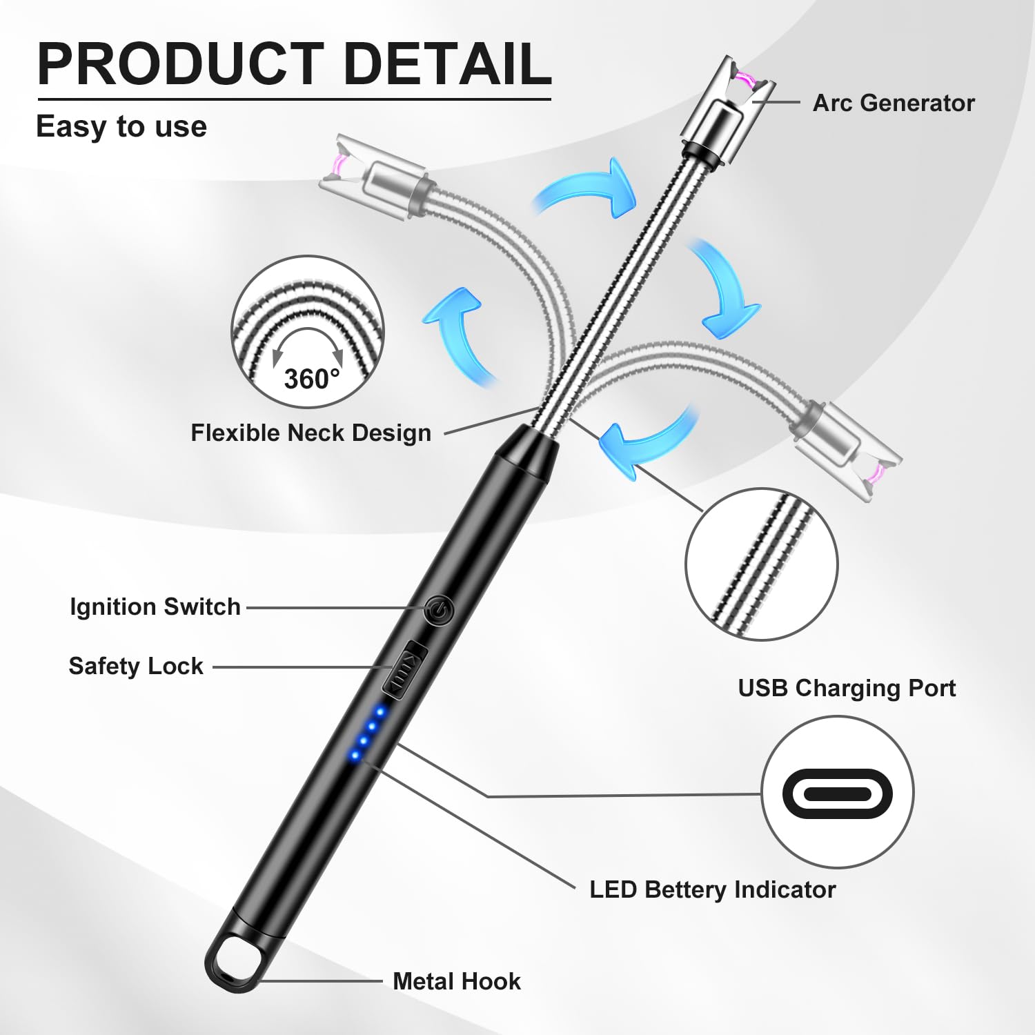 Upgraded 2 Pack Electric Candle Lighter Windproof with 360° Flexible Neck & Safety Lock, USB Rechargeable Flameless Arc Long Lighters for Grill, BBQ, Camping, Fireplace, Stove - CookCave
