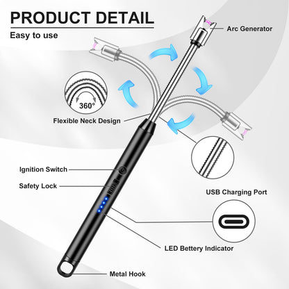 Upgraded 2 Pack Electric Candle Lighter Windproof with 360° Flexible Neck & Safety Lock, USB Rechargeable Flameless Arc Long Lighters for Grill, BBQ, Camping, Fireplace, Stove - CookCave