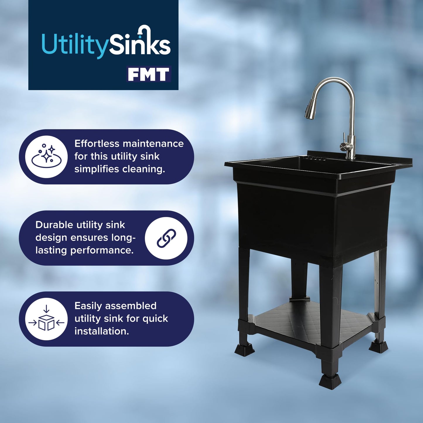 UTILITYSINKS USA-Made Plastic Freestanding 24 in x 24-Inch UtilityTub Heavy Duty Compact Utility Sink Ideal for Workshop, Laundry Room, Garage, Greenhouse, Pet Wash Station (Black) - CookCave