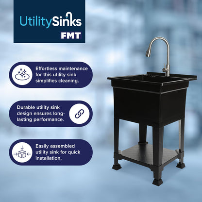 UTILITYSINKS USA-Made Plastic Freestanding 24 in x 24-Inch UtilityTub Heavy Duty Compact Utility Sink Ideal for Workshop, Laundry Room, Garage, Greenhouse, Pet Wash Station (Black) - CookCave