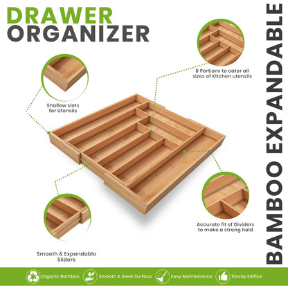 Utopia Kitchen Silverware Organizer, Expandable Bamboo Utensil Drawer Organizer, Kitchen Drawer Organizer, Silverware Organizer for Cutlery, Utensils, Flatware Holder (6-8 Slots, Natural) Pack of 1 - CookCave