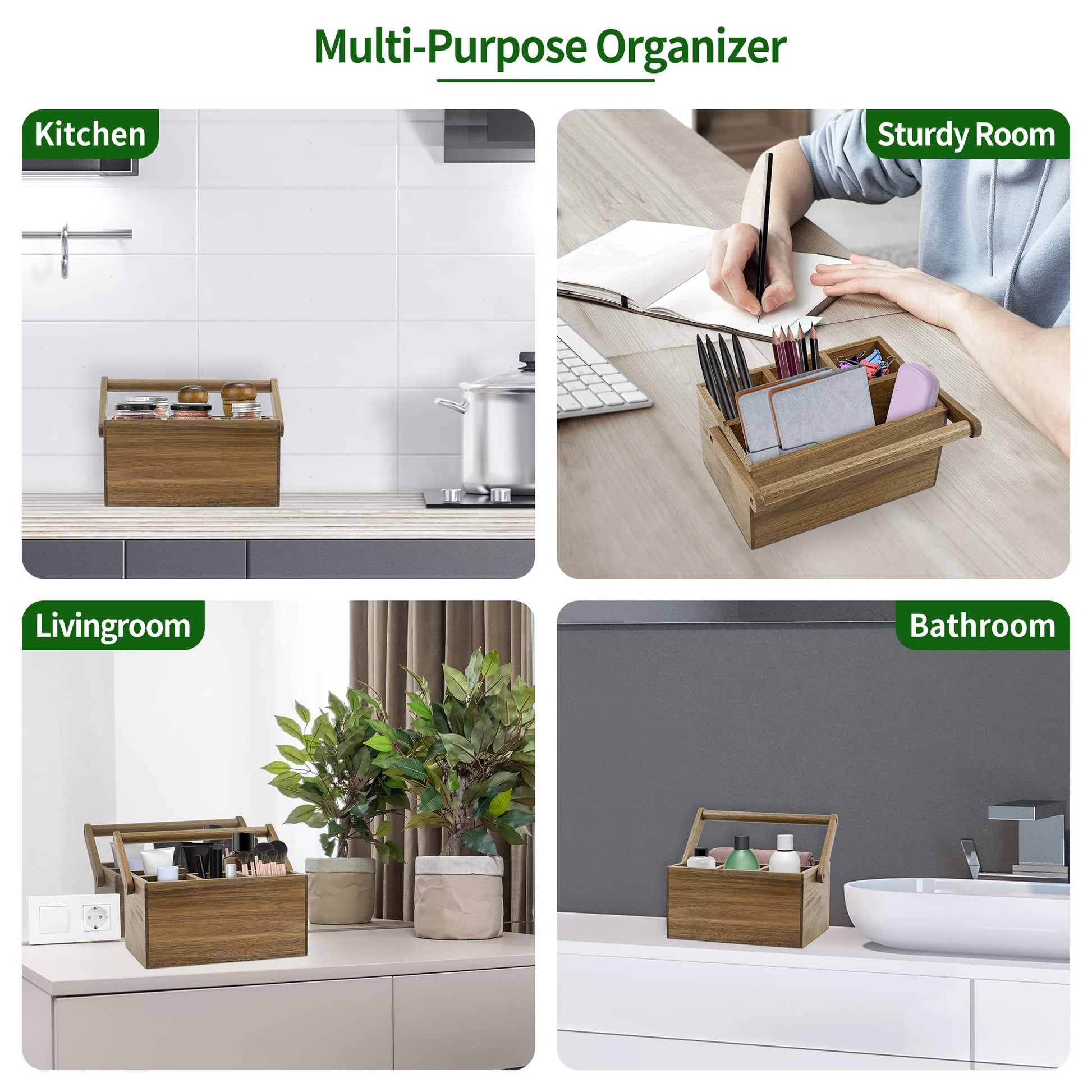 VaeFae Acacia Silverware Caddy with Handle, Wooden Utensil Holder, Mulip-pose Organizer for Kitchen, Office, Bathroom, Bedroom - CookCave