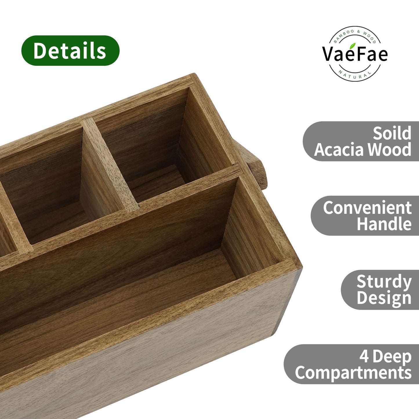 VaeFae Acacia Silverware Caddy with Handle, Wooden Utensil Holder, Mulip-pose Organizer for Kitchen, Office, Bathroom, Bedroom - CookCave