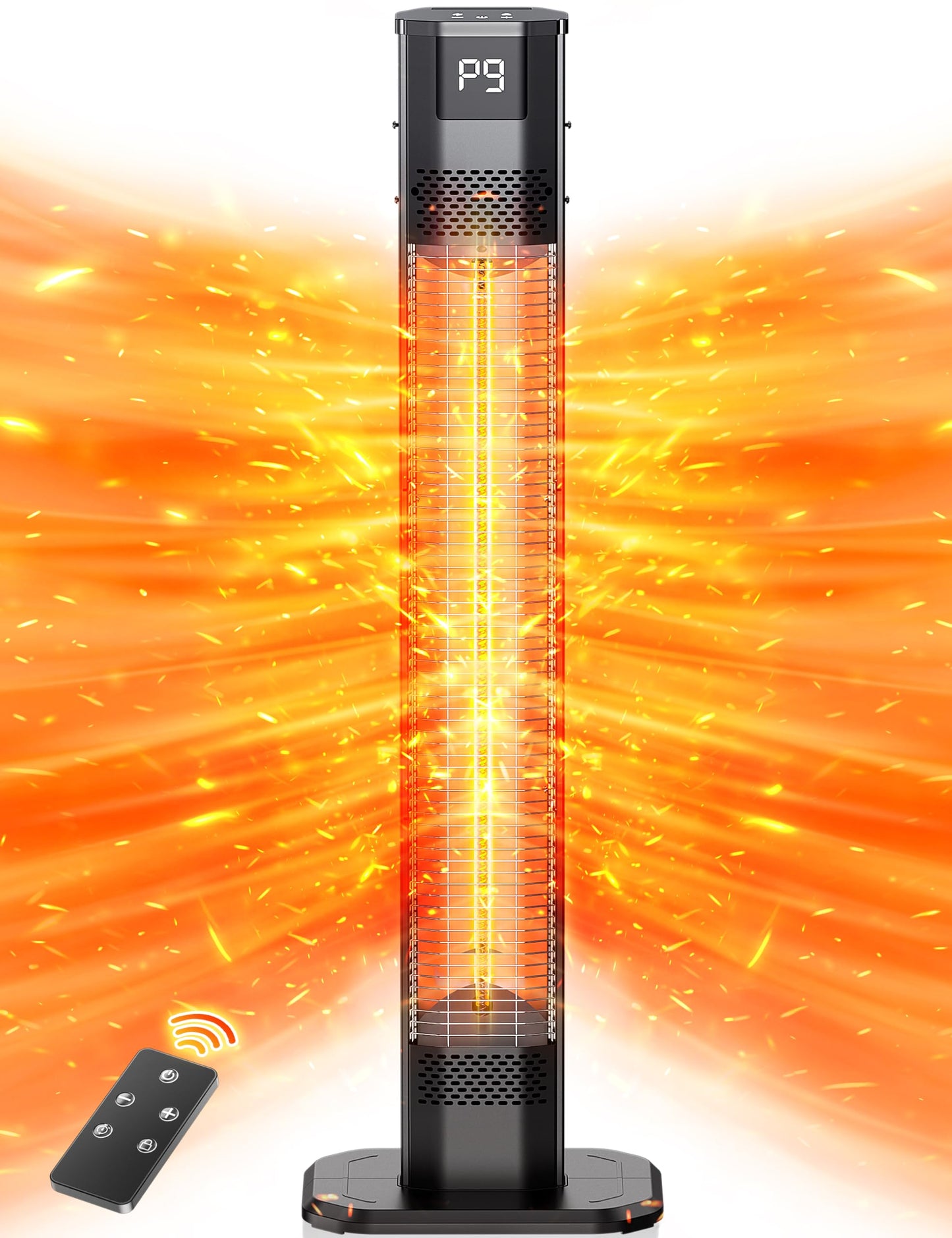 VAGKRI 42" 1500W Electric Outdoor Infrared Heater with Remote, 9 Heat Levels, 24H Timer, 1S Fast Heating, IPX5 Waterproof Tower Space Heater for Home, Office, Patio, Garage - CookCave