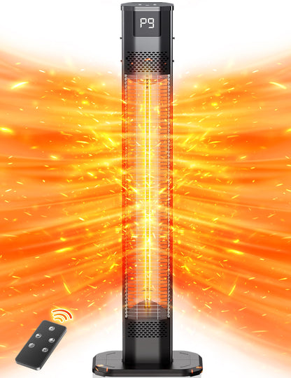 VAGKRI 42" 1500W Electric Outdoor Infrared Heater with Remote, 9 Heat Levels, 24H Timer, 1S Fast Heating, IPX5 Waterproof Tower Space Heater for Home, Office, Patio, Garage - CookCave