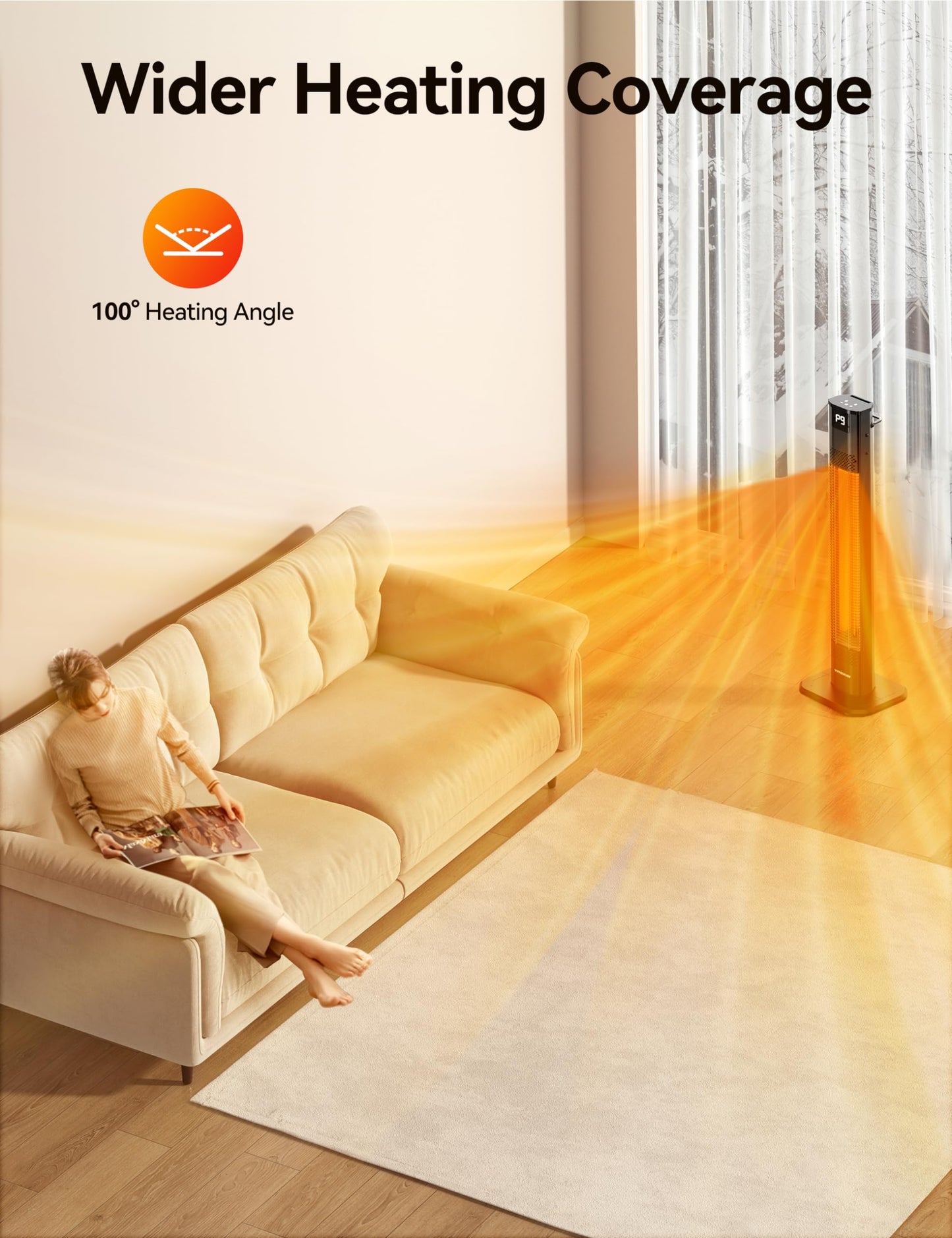 VAGKRI 42" 1500W Electric Outdoor Infrared Heater with Remote, 9 Heat Levels, 24H Timer, 1S Fast Heating, IPX5 Waterproof Tower Space Heater for Home, Office, Patio, Garage - CookCave