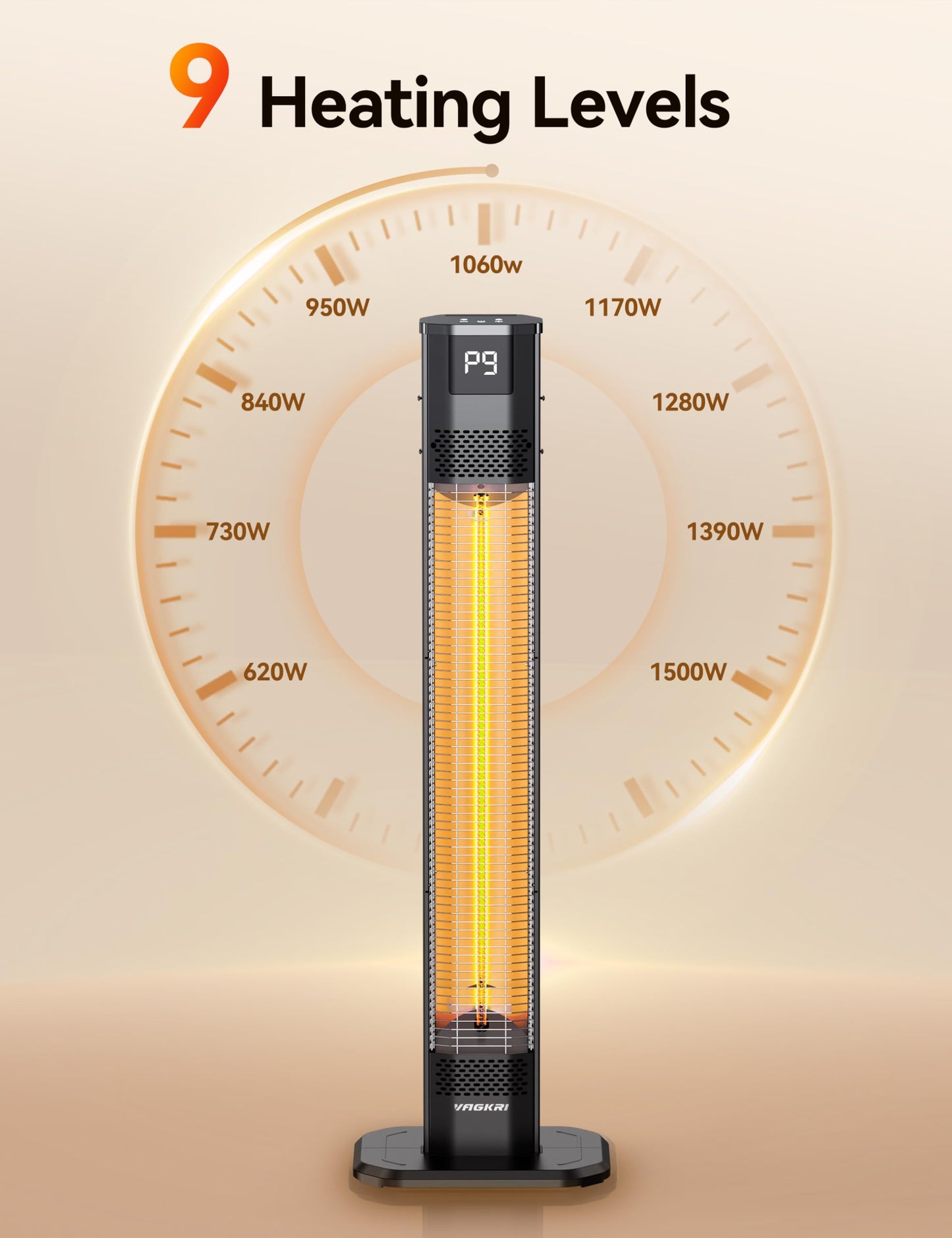 VAGKRI 42" 1500W Electric Outdoor Infrared Heater with Remote, 9 Heat Levels, 24H Timer, 1S Fast Heating, IPX5 Waterproof Tower Space Heater for Home, Office, Patio, Garage - CookCave