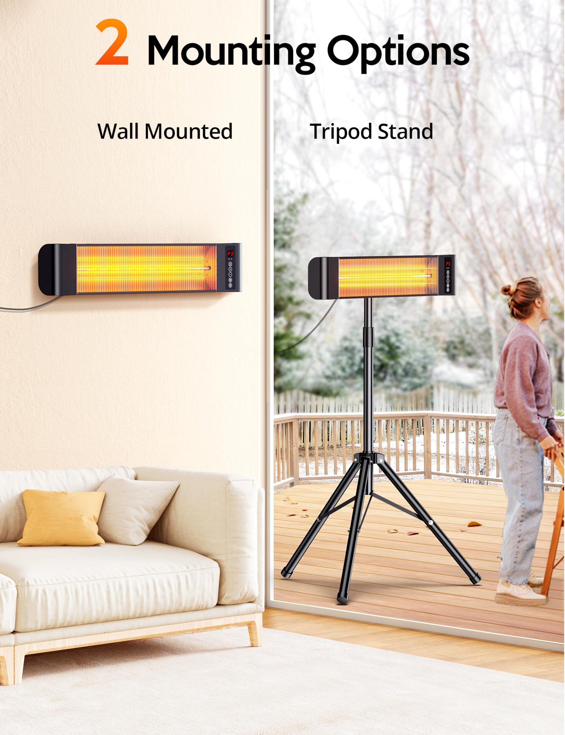VAGKRI Outdoor Heaters, Electric Infrared Patio Heater with Remote and 12H Timer, IP65 Waterproof, 3 Heat Levels, Wall Mount or Tripod Stand for Home, Office, Patio, Garage - CookCave