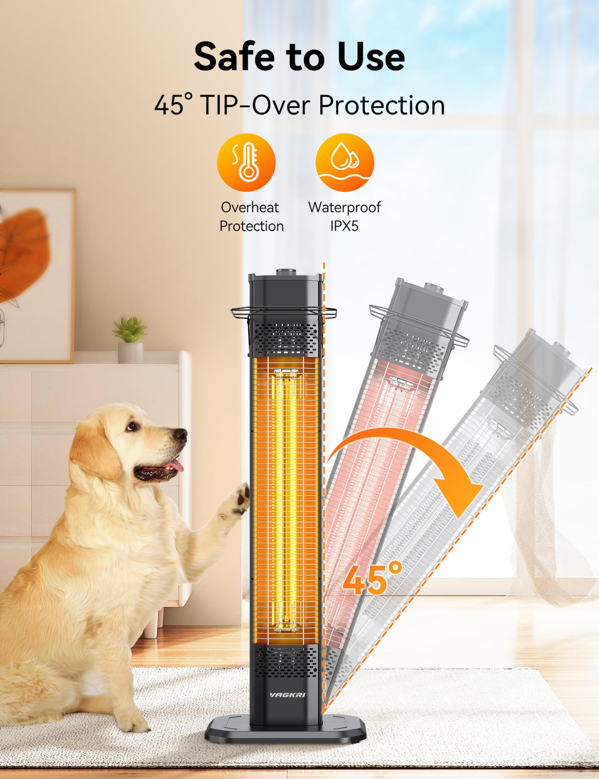 VAGKRI Outdoor Infrared Heater, 1500W 36inch Electric Heater with 3 Heating Levels, Tip-Over & Overheat Protection, IPX5 Waterproof Tower Space Heater for Patio Backyard Garage Restaurant Home - CookCave