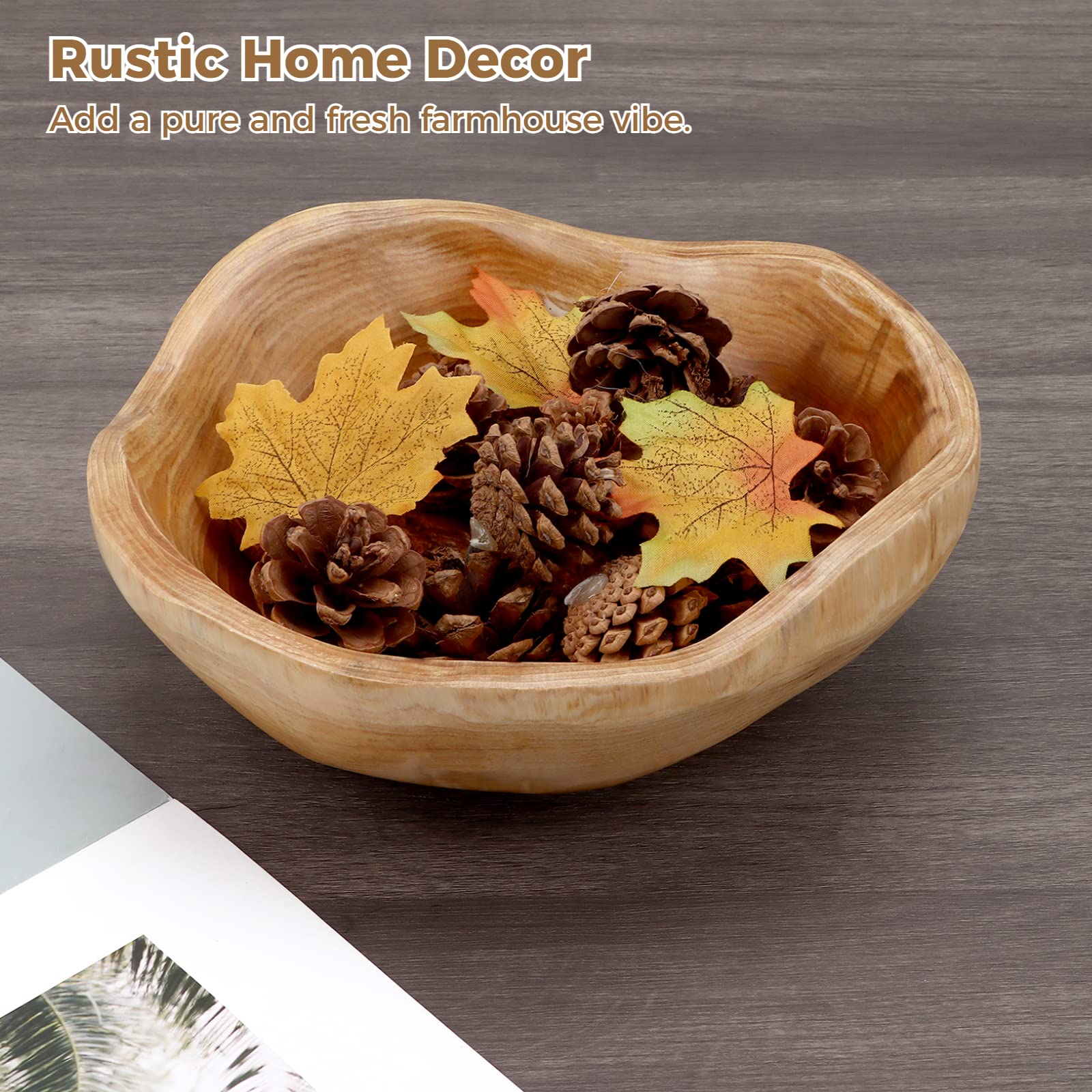 Varku 2PCS Decorative Wooden Bowls, Wood Fruit Bowls for Serving Fruits Candy Desserts, Creative Handmade Natural Wooden Bowls, Rustic Wood Bowls for Home Decor - CookCave