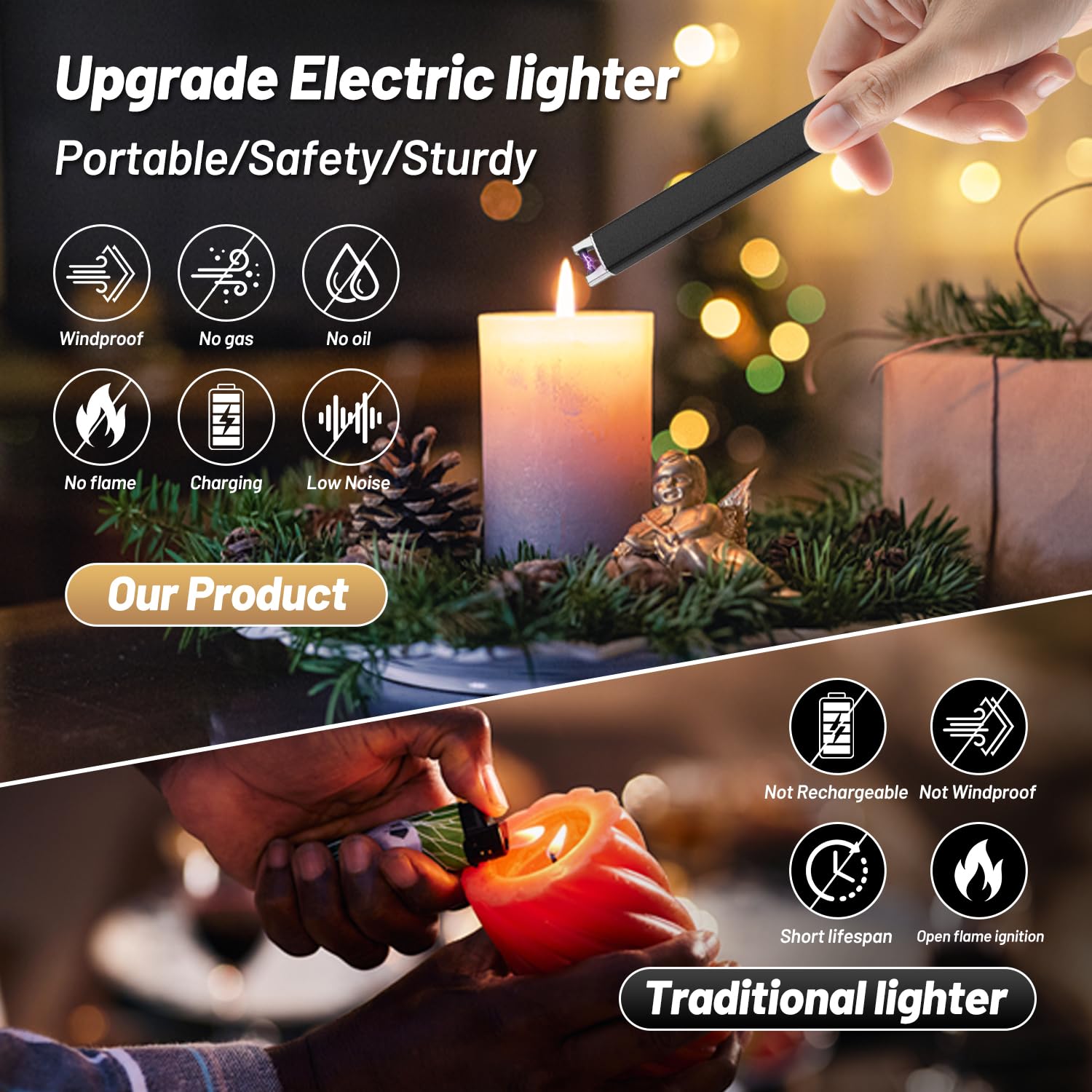 VEHHE Candle Lighter, Windproof Pulse Electric Lighter with Anti-False-Touch Lock and Led Display, Lighters for Candle BBQ Camping Festivals-Black - CookCave