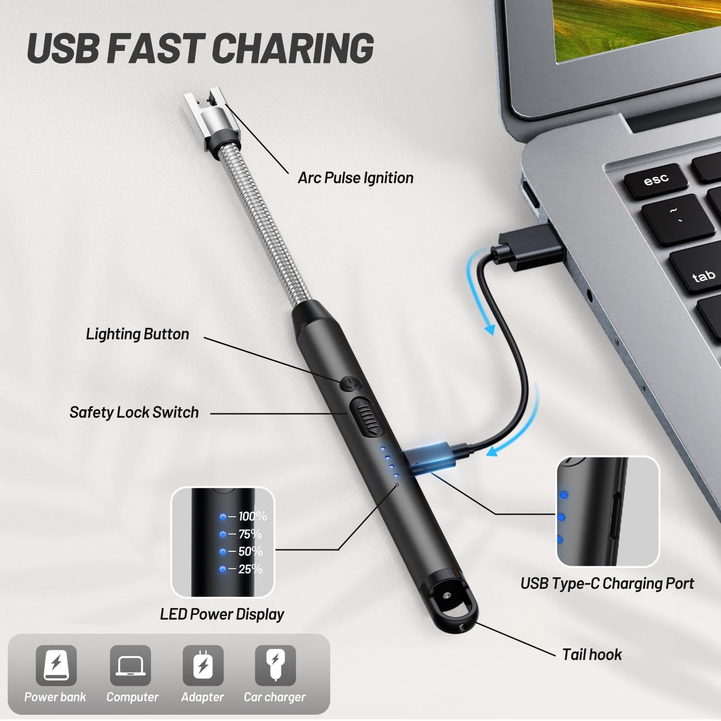 VEHHE Electric Lighter with 360° Flexible Neck, Flameless Windproof Long Candle Lighter with Led Battery Display, USB C Rechargeable with Hanging Hook for Gifts BBQ Fireworks (Black) - CookCave