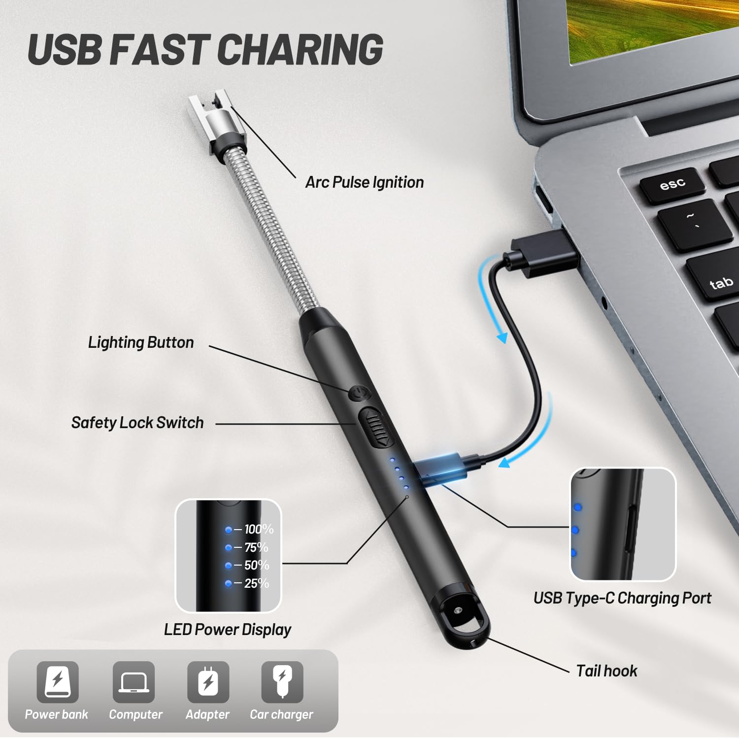 VEHHE Electric Lighter with 360° Flexible Neck, Flameless Windproof Long Candle Lighter with Led Battery Display, USB C Rechargeable with Hanging Hook for Gifts BBQ Fireworks (Black) - CookCave