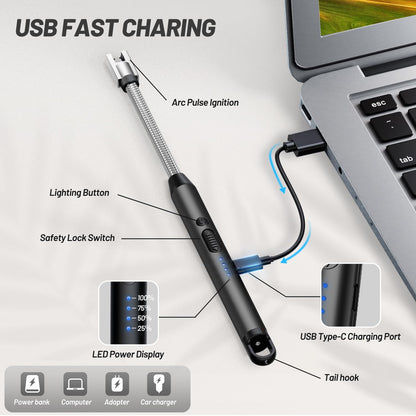 VEHHE Electric Lighter with 360° Flexible Neck, Flameless Windproof Long Candle Lighter with Led Battery Display, USB C Rechargeable with Hanging Hook for Gifts BBQ Fireworks (Black) - CookCave