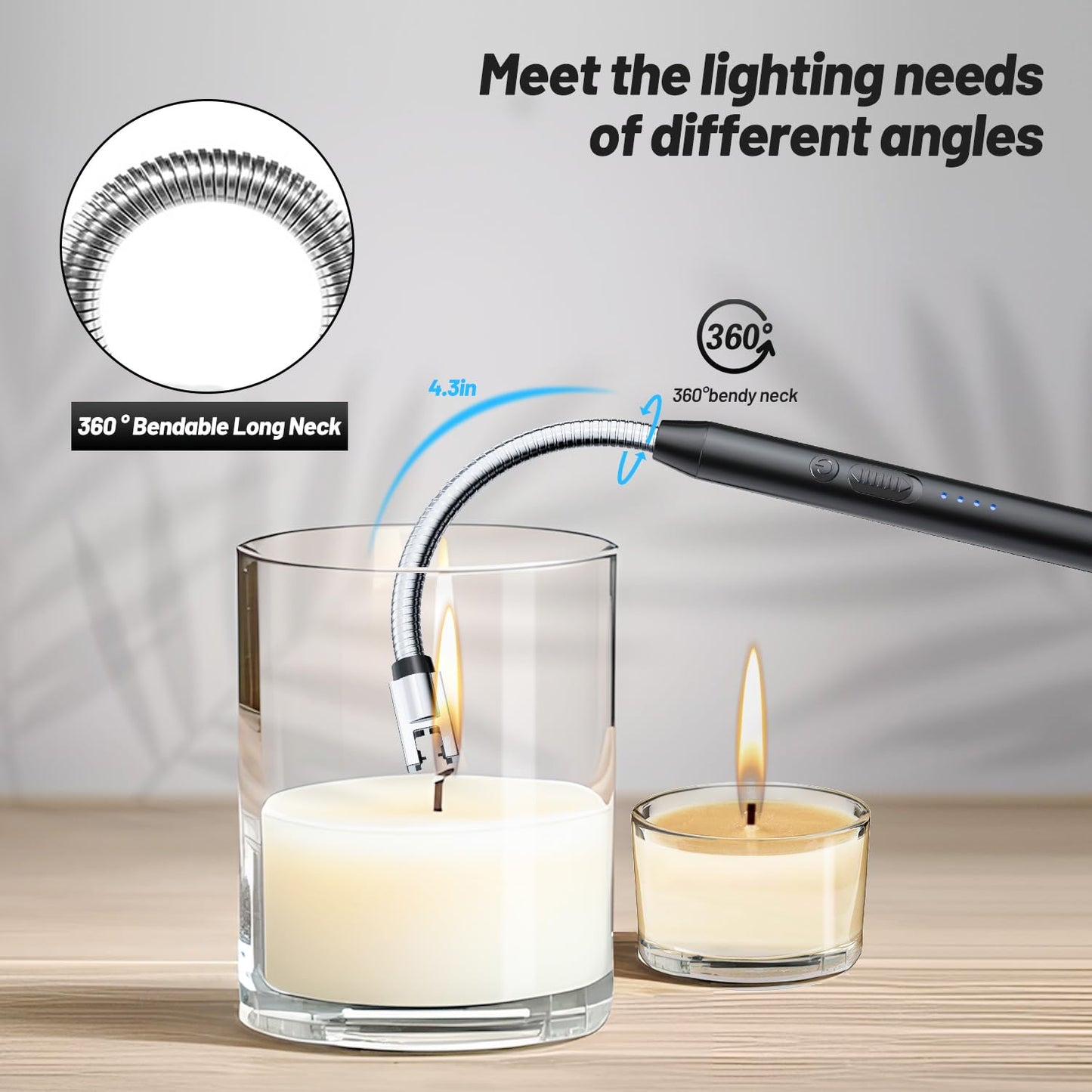 VEHHE Electric Lighter with 360° Flexible Neck, Flameless Windproof Long Candle Lighter with Led Battery Display, USB C Rechargeable with Hanging Hook for Gifts BBQ Fireworks (Black) - CookCave