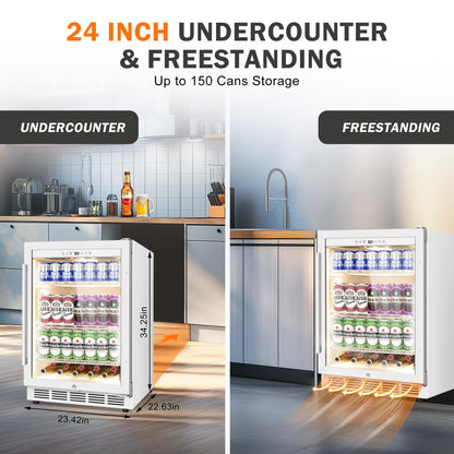 Velieta Beverage Refrigerator 24 Inch Drink Fridge, Beer Fridge, 150 Cans Beverage Cooler, Under Counter Refrigerator, Drink Cooler Undercounter Outdoor Refrigerators, Single Glass Door Bar Fridge - CookCave