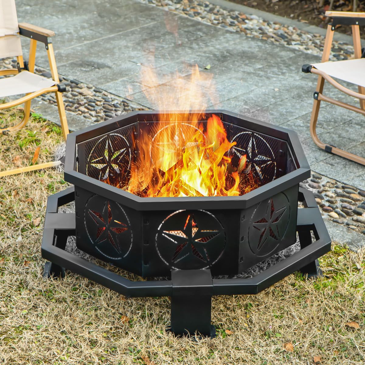 Verdeluxe 32 Inch Octagonal Outdoor Fire Pit,Wood Burning Fire Pit with Fire Poker,Firepits for Outside Bonfire,Camping,Backyard, Garden,Patio - CookCave