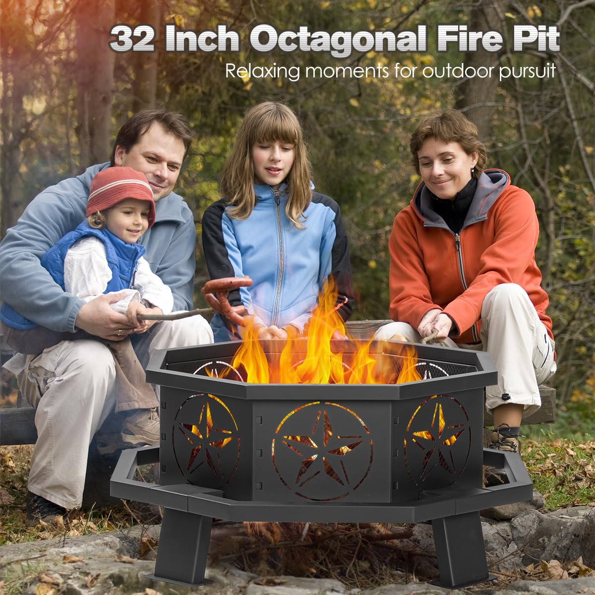 Verdeluxe 32 Inch Octagonal Outdoor Fire Pit,Wood Burning Fire Pit with Fire Poker,Firepits for Outside Bonfire,Camping,Backyard, Garden,Patio - CookCave