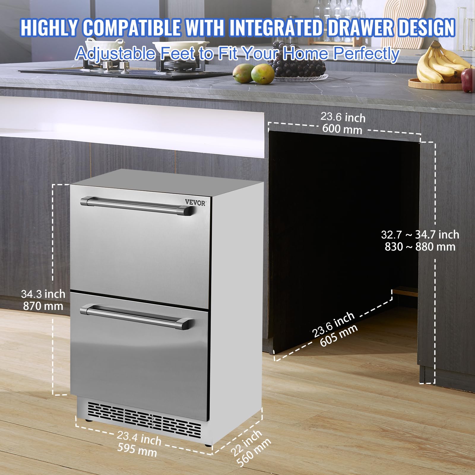 VEVOR 24 inch Undercounter Refrigerator, 2 Drawer Refrigerator with Different Temperature, 4.87 Cu.ft. Capacity, Waterproof Indoor and Outdoor Under Counter Freezer Fridge for Home and Commercial Use - CookCave