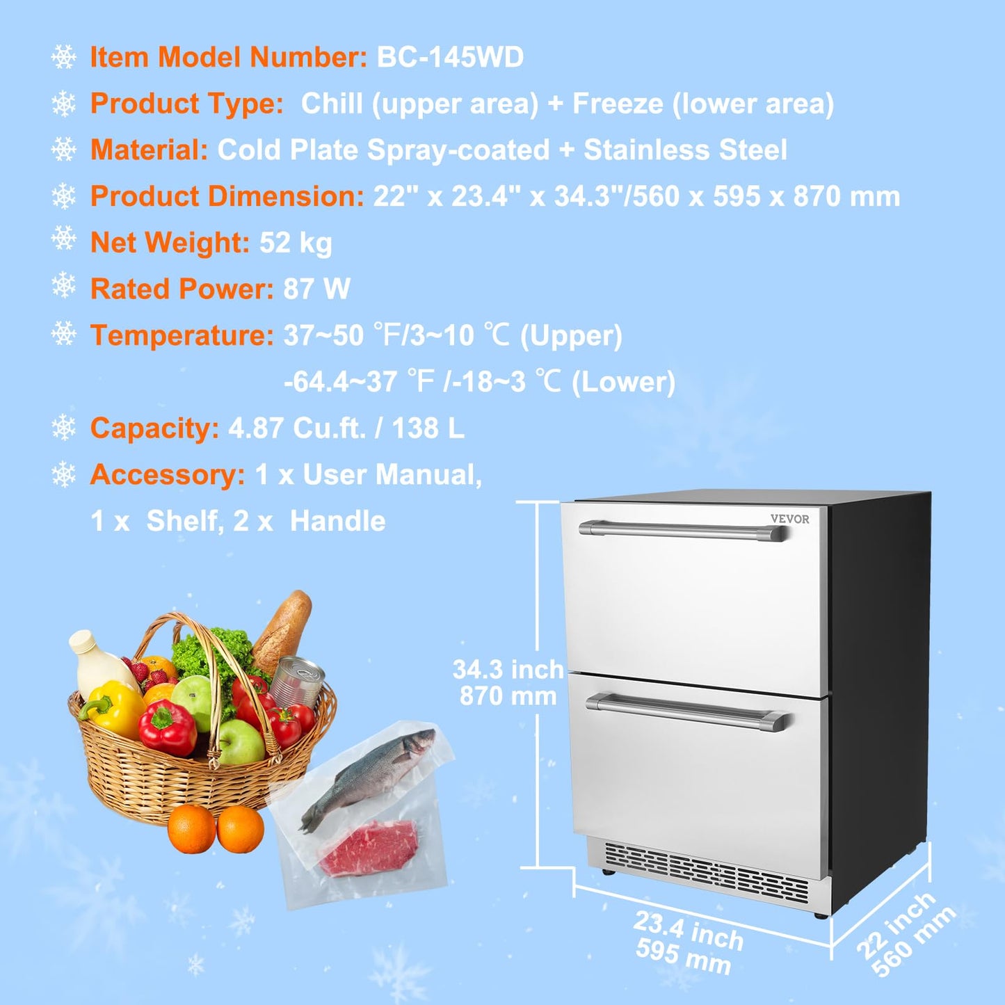 VEVOR 24 inch Undercounter Refrigerator, 2 Drawer Refrigerator with Different Temperature, 4.87 Cu.ft. Capacity, Waterproof Indoor and Outdoor Under Counter Freezer Fridge for Home and Commercial Use - CookCave
