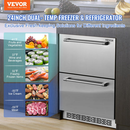 VEVOR 24 inch Undercounter Refrigerator, 2 Drawer Refrigerator with Different Temperature, 4.87 Cu.ft. Capacity, Waterproof Indoor and Outdoor Under Counter Freezer Fridge for Home and Commercial Use - CookCave