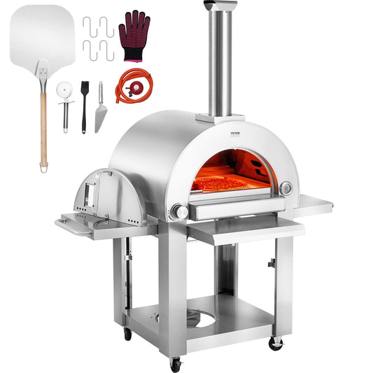 VEVOR Dual Fuel Giant Pizza Oven for Outdoor Use, 22" Artisan Pizza Oven, Pellet & Gas Propane Outdoor Pizza Oven with Cordierite Pizza Stone, Move with Casters Multi Fuel Grill for Camping & Backyard - CookCave