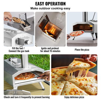 VEVOR Dual Fuel Pizza Oven Outdoor, 12 Inch Wood Fire & Propane Gas Pizza Oven, Pellet & Propane Pizza Maker with Thermometer, Foldable Leg, Stainless Steel Pizza Cook for Outside Camping & Backyard - CookCave