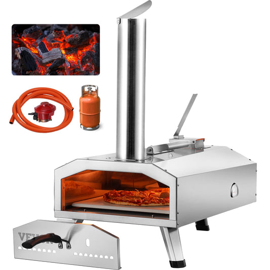 VEVOR Dual Fuel Pizza Oven Outdoor, 12 Inch Wood Fire & Propane Gas Pizza Oven, Pellet & Propane Pizza Maker with Thermometer, Foldable Leg, Stainless Steel Pizza Cook for Outside Camping & Backyard - CookCave
