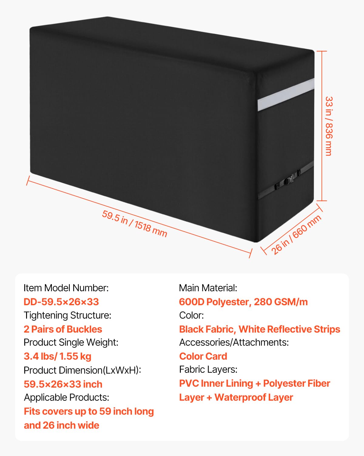 VEVOR Grill Cover, 59 inch BBQ Covers for Outdoor Grills, Waterproof, Fade Resistant, Weather Resistant Heavy Duty 600D Polyester, Easy On/Off, with Secure Buckles, Black - CookCave