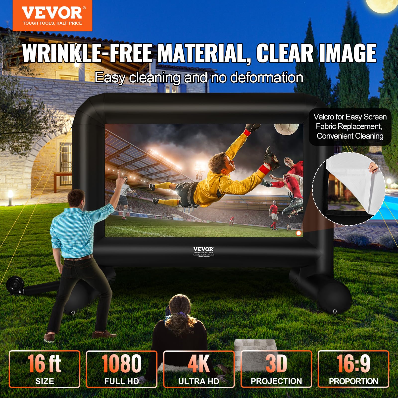 VEVOR Inflatable Movie Screen, 16 FT Inflatable Projector Screen for Outside with Blower and Carrying Bag, Front/Rear Projection, Oxford Fabric Blow Up Screen for Outdoor Parties Backyard Movie Night - CookCave
