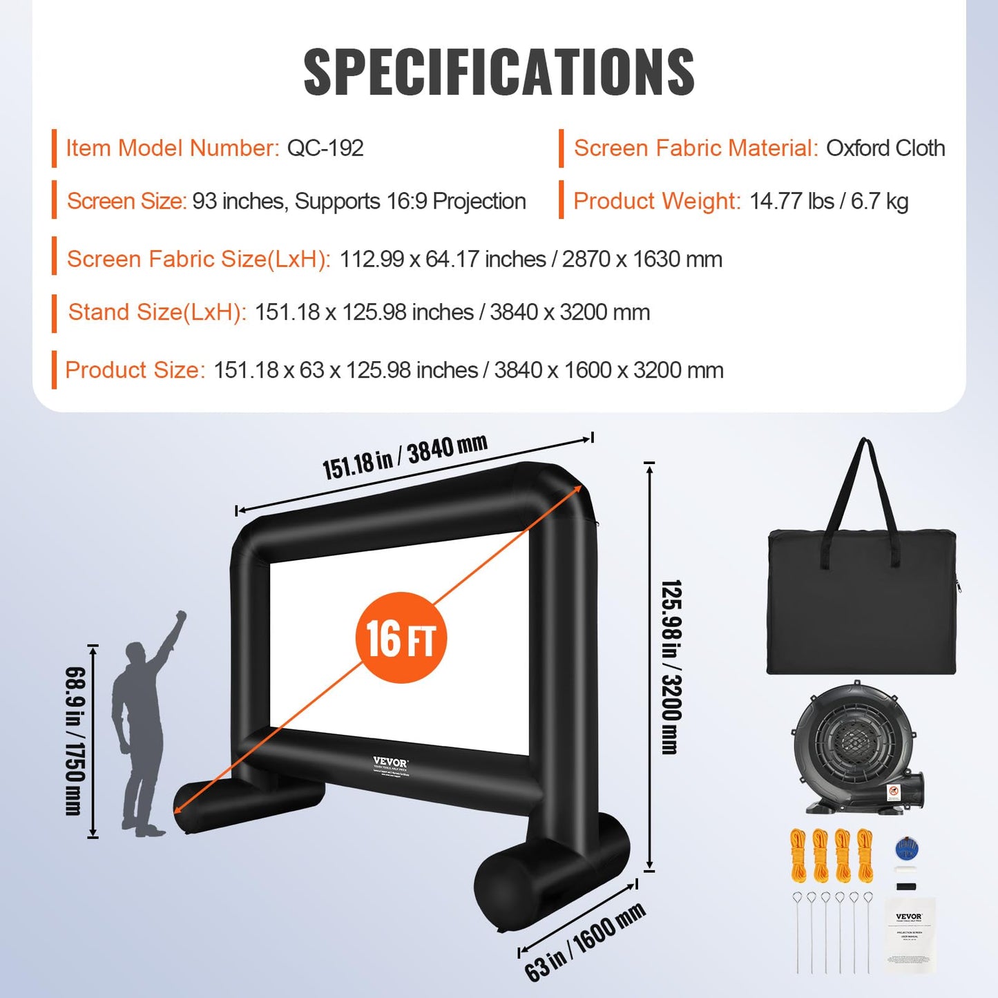 VEVOR Inflatable Movie Screen, 16 FT Inflatable Projector Screen for Outside with Blower and Carrying Bag, Front/Rear Projection, Oxford Fabric Blow Up Screen for Outdoor Parties Backyard Movie Night - CookCave